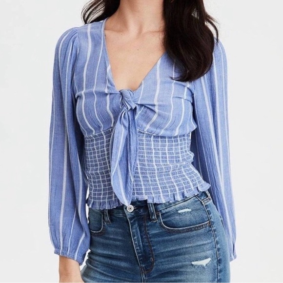 American Eagle Blue pinstripe Smocked Crop Tie Front Blouse - Picture 1 of 6